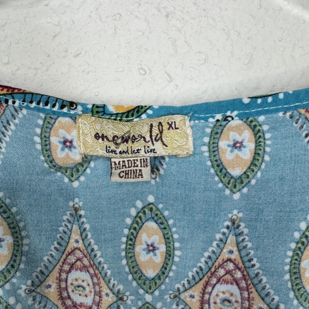One World Live and Let Live Boho Medallion Print Tiered Dress Blue XL Artsy - Picture 3 of 8